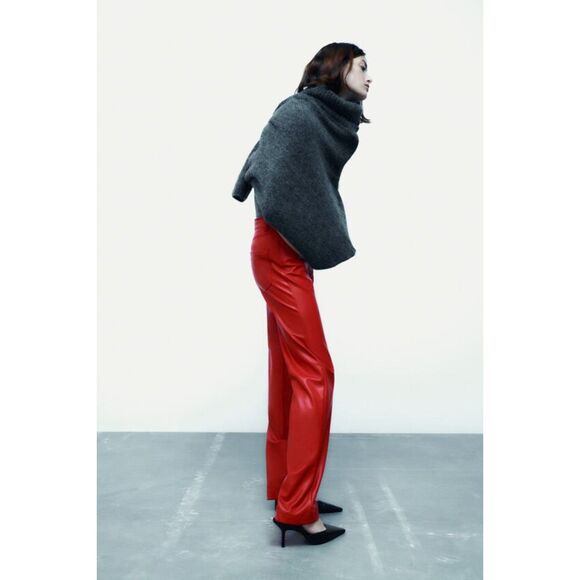 Red Zara Faux Leather High-Waisted Straight Leg Pants (NWT) - Picture 2 of 7